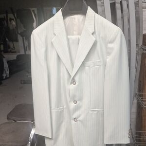 Boys Pinstripe light Green Three-Button Suit. Pants And Jacket